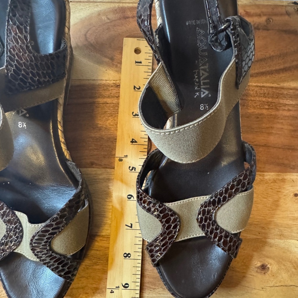 Aquatalia Wedge Sandals 8.5 Brown Olive Snakeskin Woven Made in Italy Open Toe - Picture 8 of 8